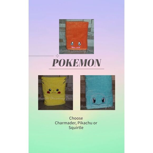 Pokemon Charmander Squirtle or Pikachu Embroidered Bath Towel Handmade NEW - Picture 1 of 4
